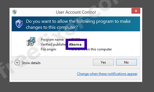 Screenshot where Akorea appears as the verified publisher in the UAC dialog