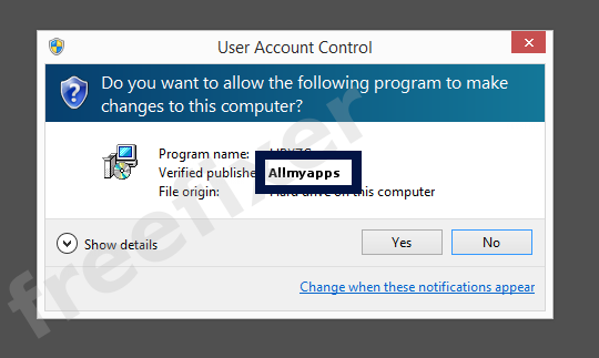 Screenshot where Allmyapps appears as the verified publisher in the UAC dialog