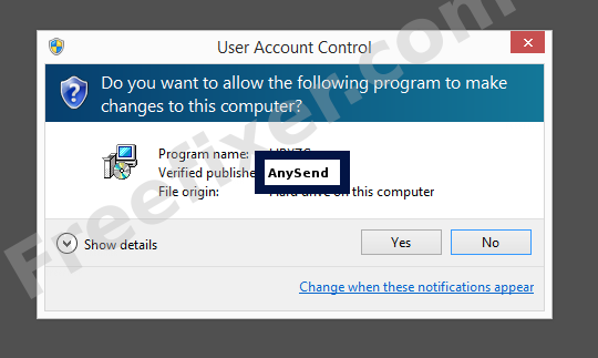 Screenshot where AnySend appears as the verified publisher in the UAC dialog
