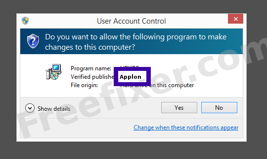 Screenshot where Applon appears as the verified publisher in the UAC dialog