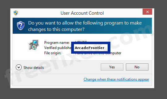 Screenshot where ArcadeFrontier appears as the verified publisher in the UAC dialog