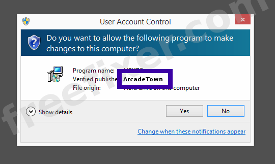 Screenshot where ArcadeTown appears as the verified publisher in the UAC dialog
