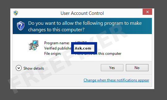 Screenshot where Ask.com appears as the verified publisher in the UAC dialog