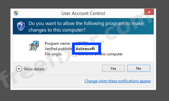 Screenshot where Astonsoft appears as the verified publisher in the UAC dialog