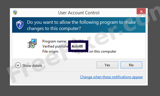 Screenshot where Astrill appears as the verified publisher in the UAC dialog
