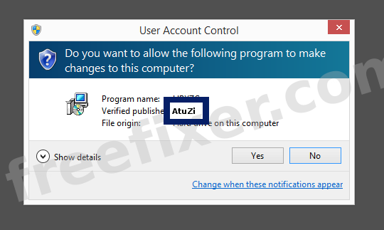Screenshot where AtuZi appears as the verified publisher in the UAC dialog