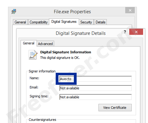 Screenshot of the Avecto certificate