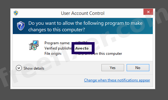 Screenshot where Avecto appears as the verified publisher in the UAC dialog