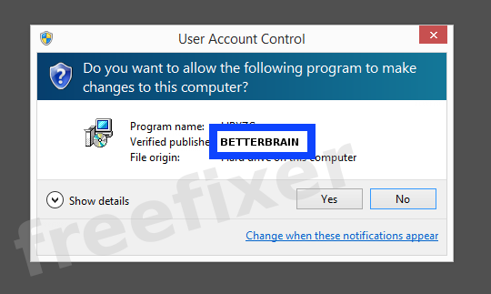 Screenshot where BETTERBRAIN appears as the verified publisher in the UAC dialog