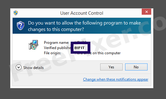 Screenshot where BIFIT appears as the verified publisher in the UAC dialog