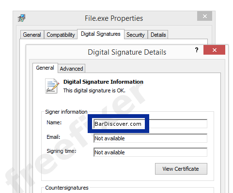 Screenshot of the BarDiscover.com certificate