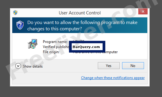 Screenshot where BarQuery.com appears as the verified publisher in the UAC dialog