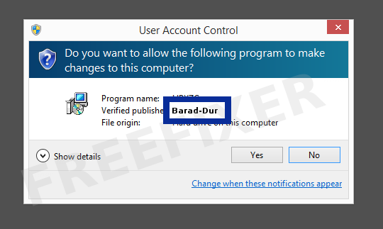 Screenshot where Barad-Dur appears as the verified publisher in the UAC dialog