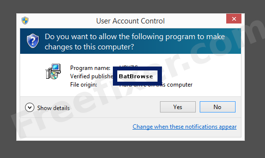 Screenshot where BatBrowse appears as the verified publisher in the UAC dialog