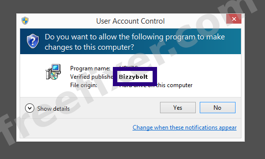 Screenshot where Bizzybolt appears as the verified publisher in the UAC dialog