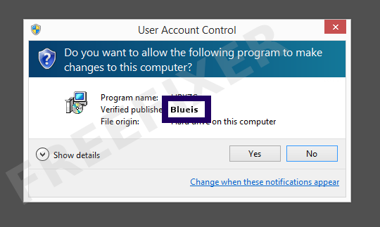 Screenshot where Blueis appears as the verified publisher in the UAC dialog