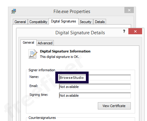 Screenshot of the BrowseStudio certificate
