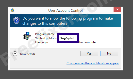 Screenshot where BugSplat appears as the verified publisher in the UAC dialog