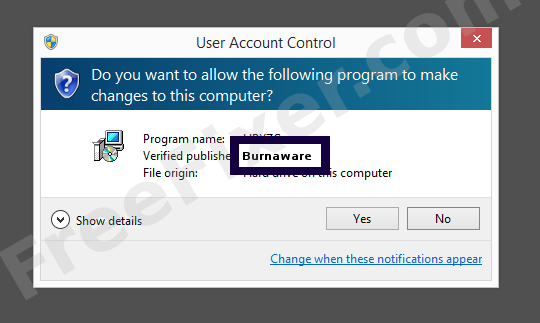 Screenshot where Burnaware appears as the verified publisher in the UAC dialog