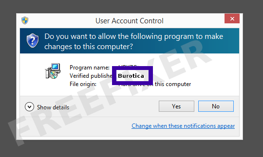 Screenshot where Burotica appears as the verified publisher in the UAC dialog