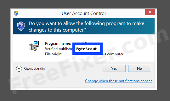 Screenshot where ByteScout appears as the verified publisher in the UAC dialog