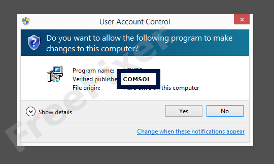 Screenshot where COMSOL appears as the verified publisher in the UAC dialog