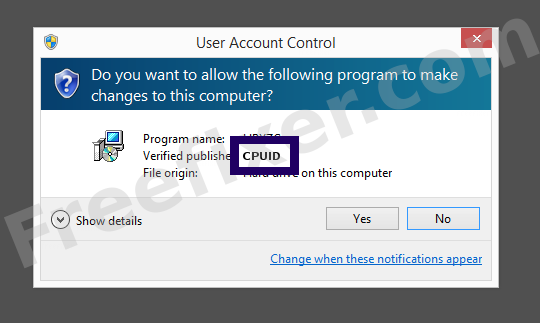 Screenshot where CPUID appears as the verified publisher in the UAC dialog