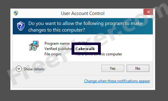 Screenshot where Cakewalk appears as the verified publisher in the UAC dialog