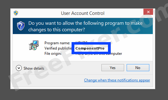 Screenshot where ComponentPro appears as the verified publisher in the UAC dialog