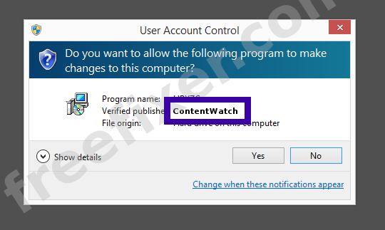 Screenshot where ContentWatch appears as the verified publisher in the UAC dialog