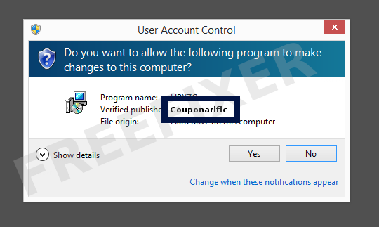 Screenshot where Couponarific appears as the verified publisher in the UAC dialog