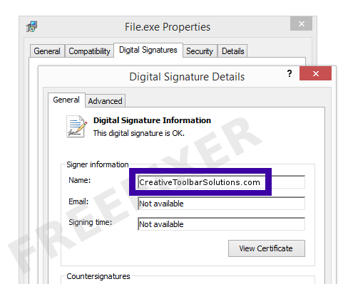 Screenshot of the CreativeToolbarSolutions.com certificate