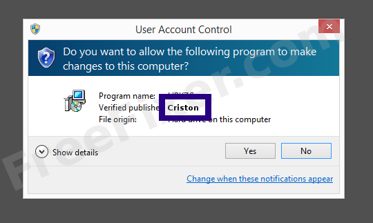 Screenshot where Criston appears as the verified publisher in the UAC dialog