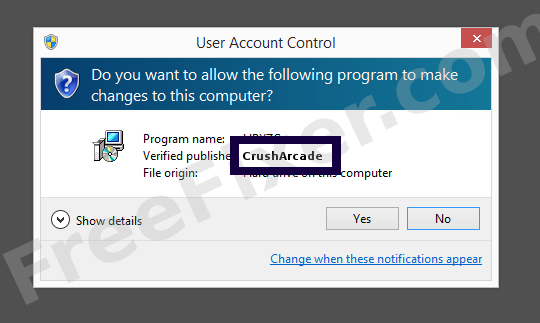 Screenshot where CrushArcade appears as the verified publisher in the UAC dialog