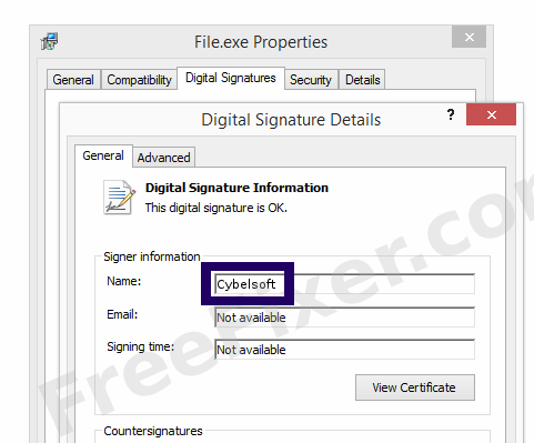 Screenshot of the Cybelsoft certificate