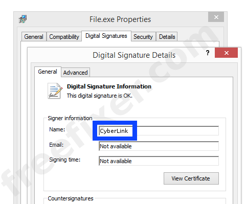 Screenshot of the CyberLink certificate