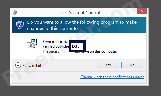 Screenshot where D3L appears as the verified publisher in the UAC dialog