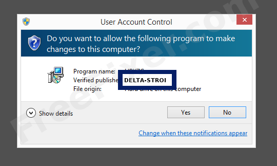 Screenshot where DELTA-STROI appears as the verified publisher in the UAC dialog