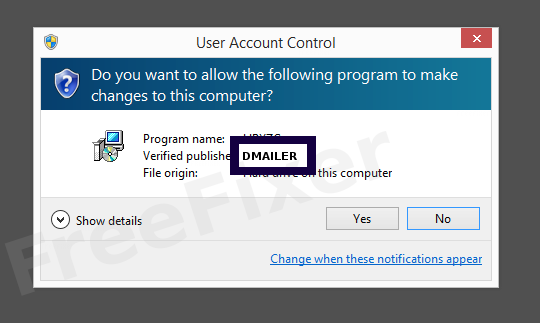 Screenshot where DMAILER appears as the verified publisher in the UAC dialog