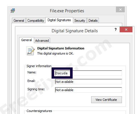 Screenshot of the Dacuda certificate