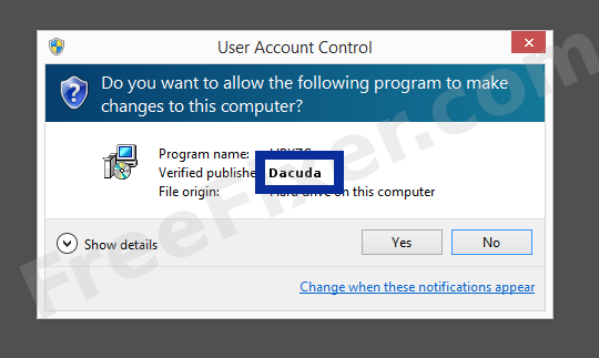 Screenshot where Dacuda appears as the verified publisher in the UAC dialog