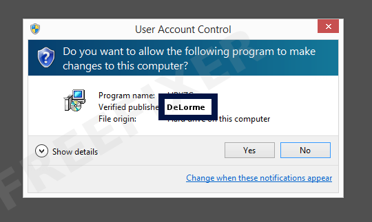 Screenshot where DeLorme appears as the verified publisher in the UAC dialog