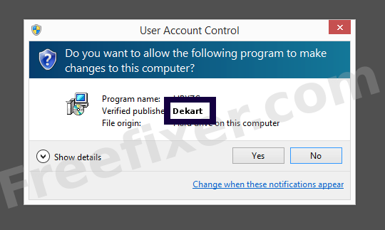 Screenshot where Dekart appears as the verified publisher in the UAC dialog