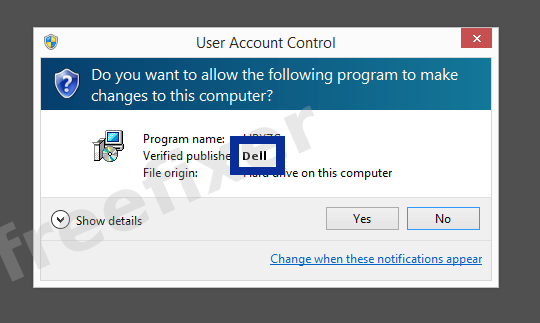 Screenshot where Dell appears as the verified publisher in the UAC dialog