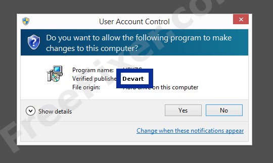 Screenshot where Devart appears as the verified publisher in the UAC dialog