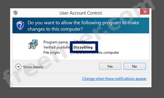 Screenshot where DizzyDing appears as the verified publisher in the UAC dialog