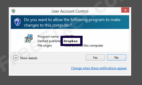 Screenshot where Dropbox appears as the verified publisher in the UAC dialog