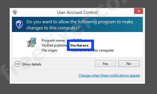 Screenshot where Duckware appears as the verified publisher in the UAC dialog