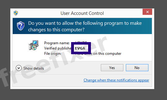 Screenshot where EVGA appears as the verified publisher in the UAC dialog