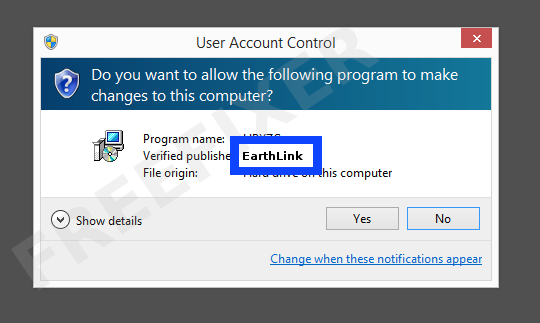 Screenshot where EarthLink appears as the verified publisher in the UAC dialog